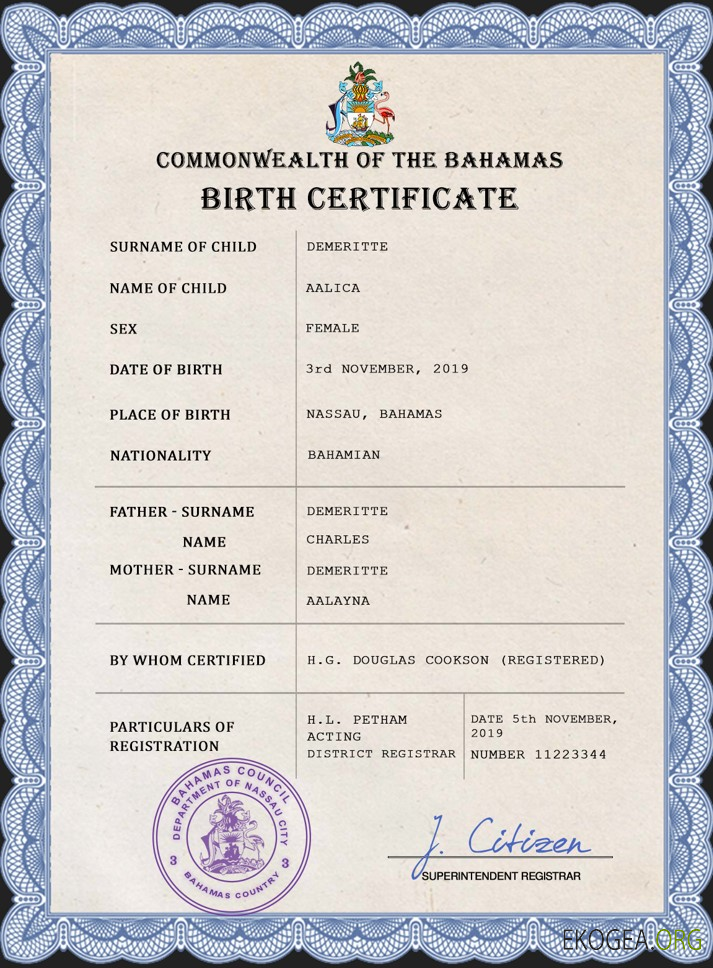 Modèle PSD de certificat de naissance d'état civil des Bahamas